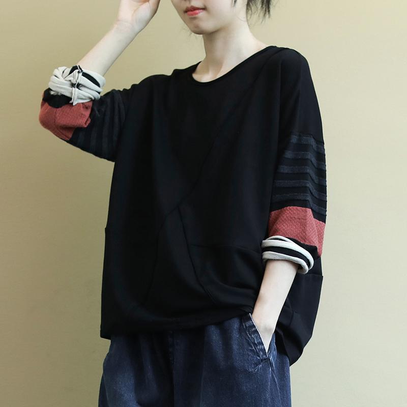 Striped Stitching Sleeves Casual O-neck Blouse
