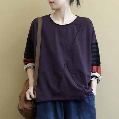 Striped Stitching Sleeves Casual O-neck Blouse