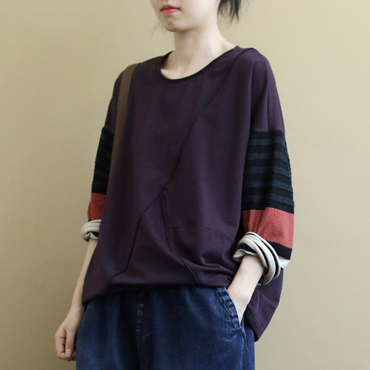 Striped Stitching Sleeves Casual O-neck Blouse