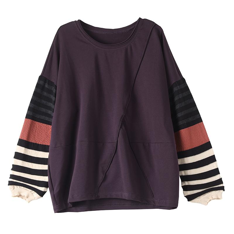 Striped Stitching Sleeves Casual O-neck Blouse