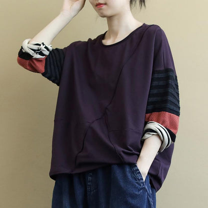 Striped Stitching Sleeves Casual O-neck Blouse