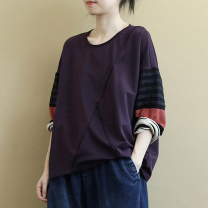 Striped Stitching Sleeves Casual O-neck Blouse