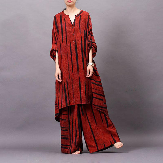 Striped V-Neck Casual Two Piece Set