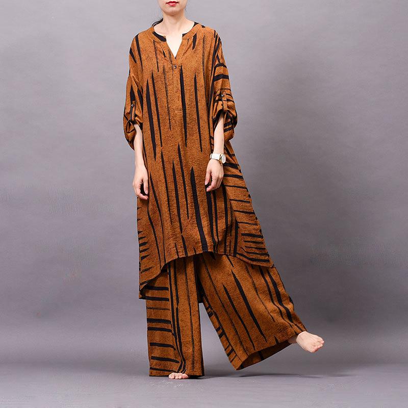 Striped V-Neck Casual Two Piece Set