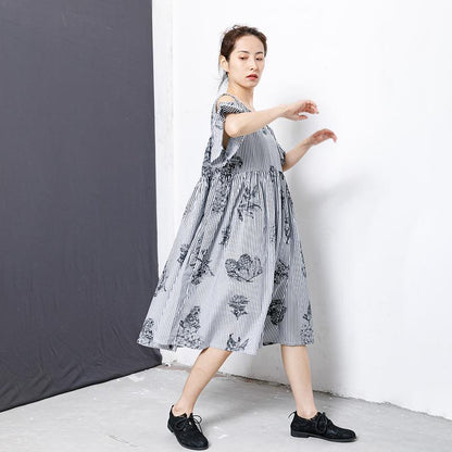 Stripes And Floral Printed Casual Dress