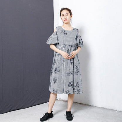 Stripes And Floral Printed Casual Dress