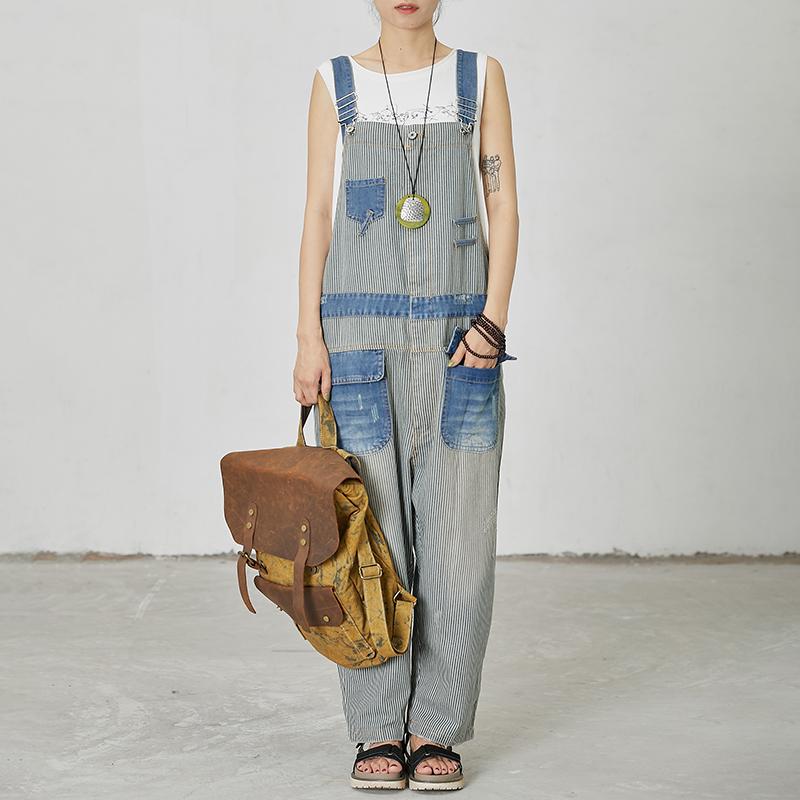 Stripes And Frayed Casual Loose Jumpsuit