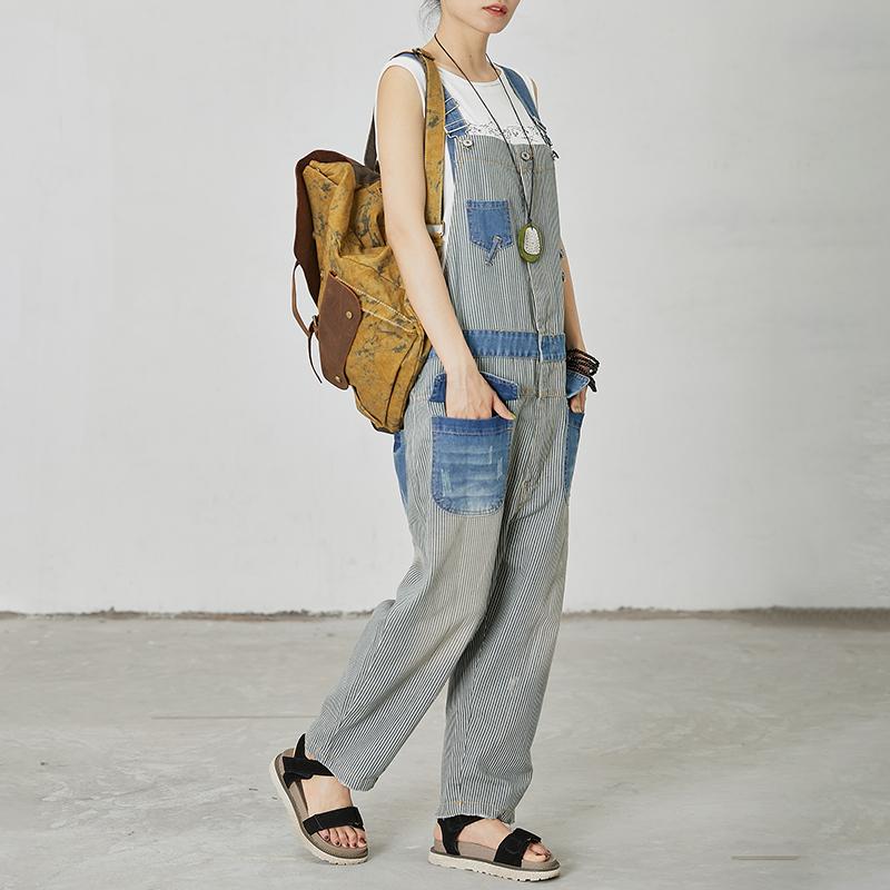 Stripes And Frayed Casual Loose Jumpsuit