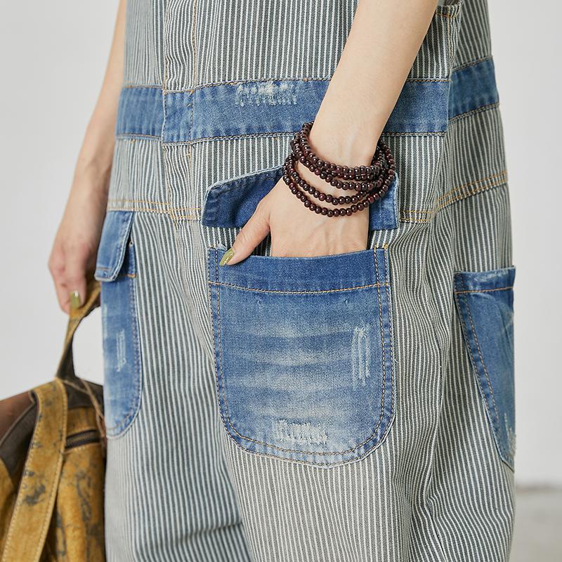 Stripes And Frayed Casual Loose Jumpsuit