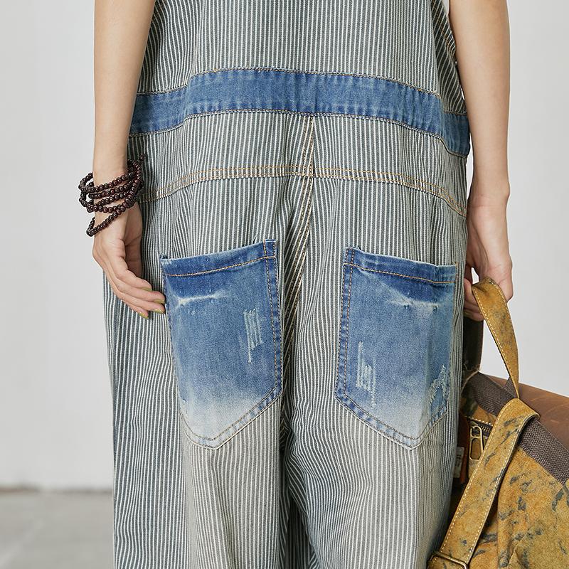 Stripes And Frayed Casual Loose Jumpsuit