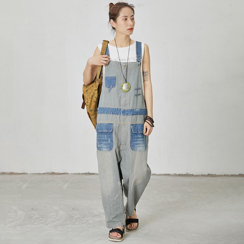 Stripes And Frayed Casual Loose Jumpsuit