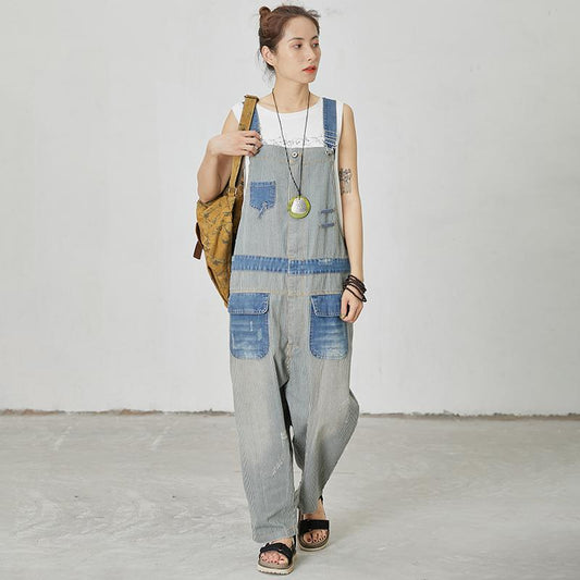Stripes And Frayed Casual Loose Jumpsuit