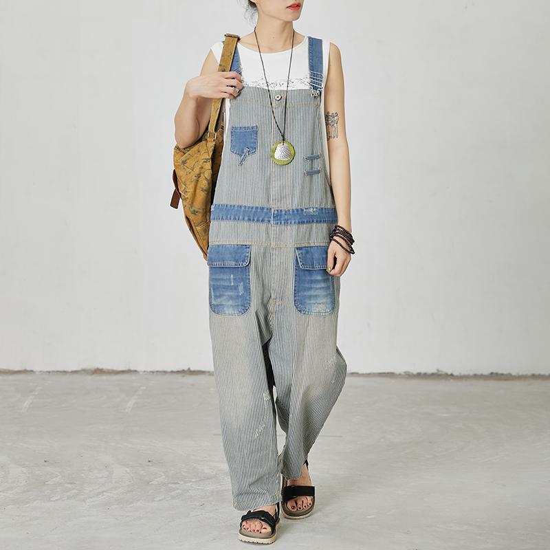 Stripes And Frayed Casual Loose Jumpsuit