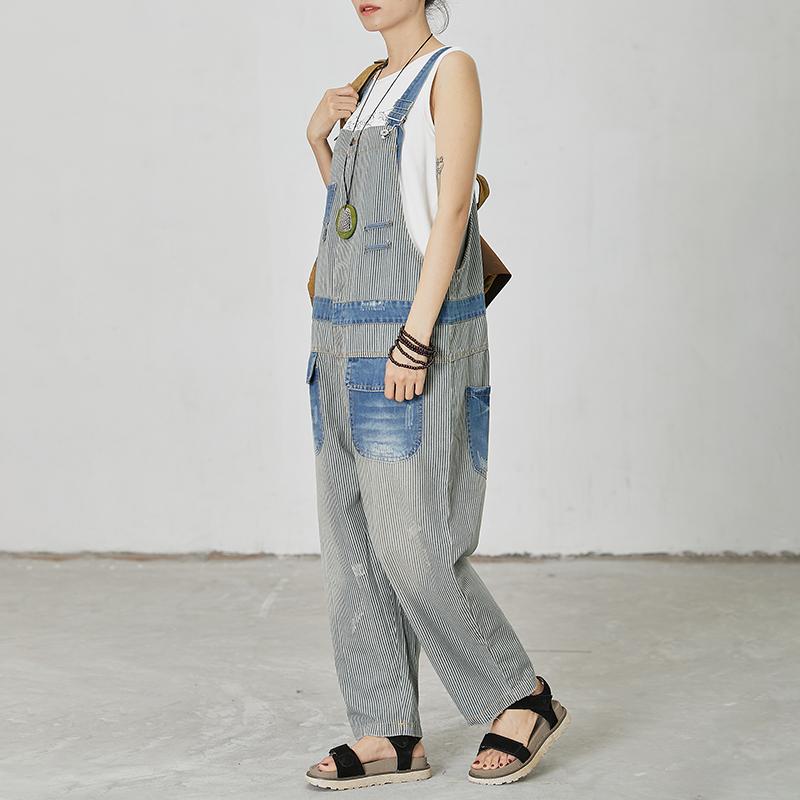 Stripes And Frayed Casual Loose Jumpsuit