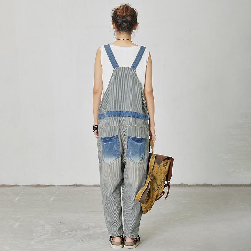 Stripes And Frayed Casual Loose Jumpsuit