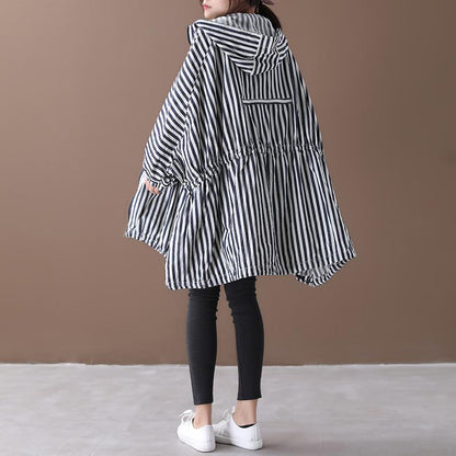 Stripes Drawstring Casual Loose Hooded Coat