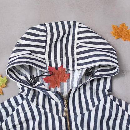 Stripes Drawstring Casual Loose Hooded Coat