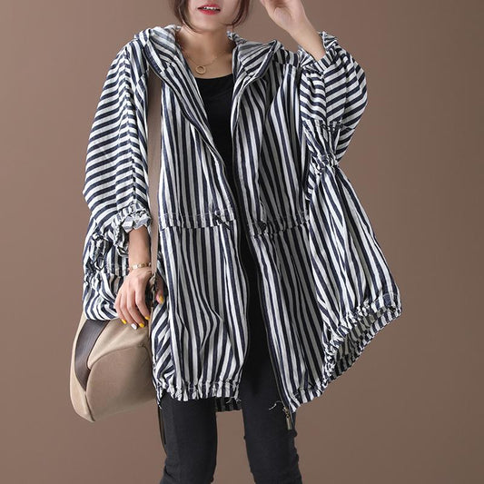 Stripes Drawstring Casual Loose Hooded Coat