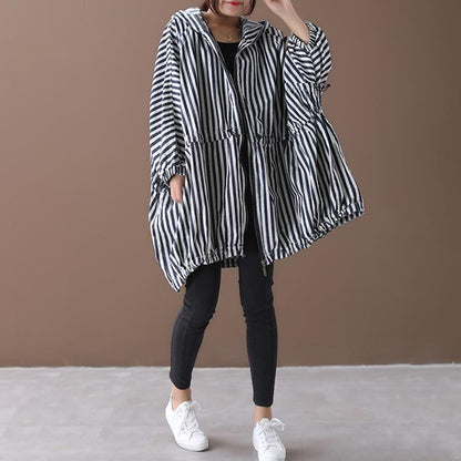 Stripes Drawstring Casual Loose Hooded Coat