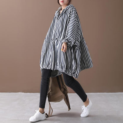 Stripes Drawstring Casual Loose Hooded Coat