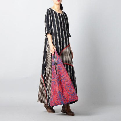 Stripes Plaid Spliced Irregular Retro Dress