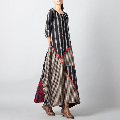 Stripes Plaid Spliced Irregular Retro Dress