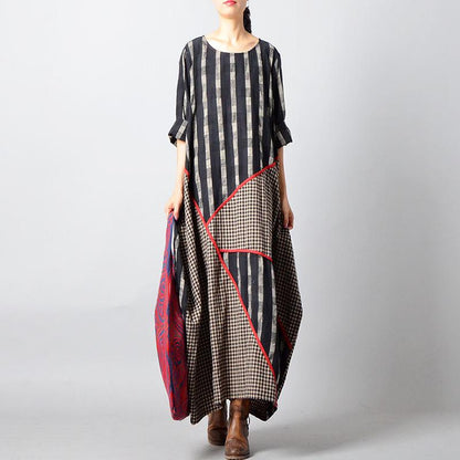 Stripes Plaid Spliced Irregular Retro Dress