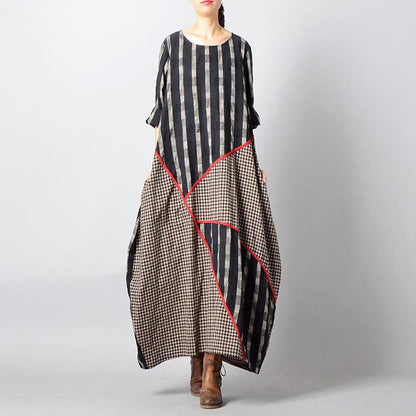Stripes Plaid Spliced Irregular Retro Dress