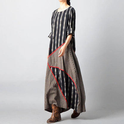 Stripes Plaid Spliced Irregular Retro Dress