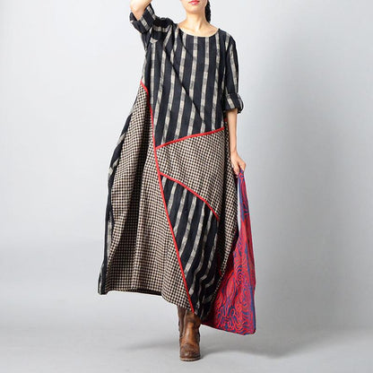 Stripes Plaid Spliced Irregular Retro Dress