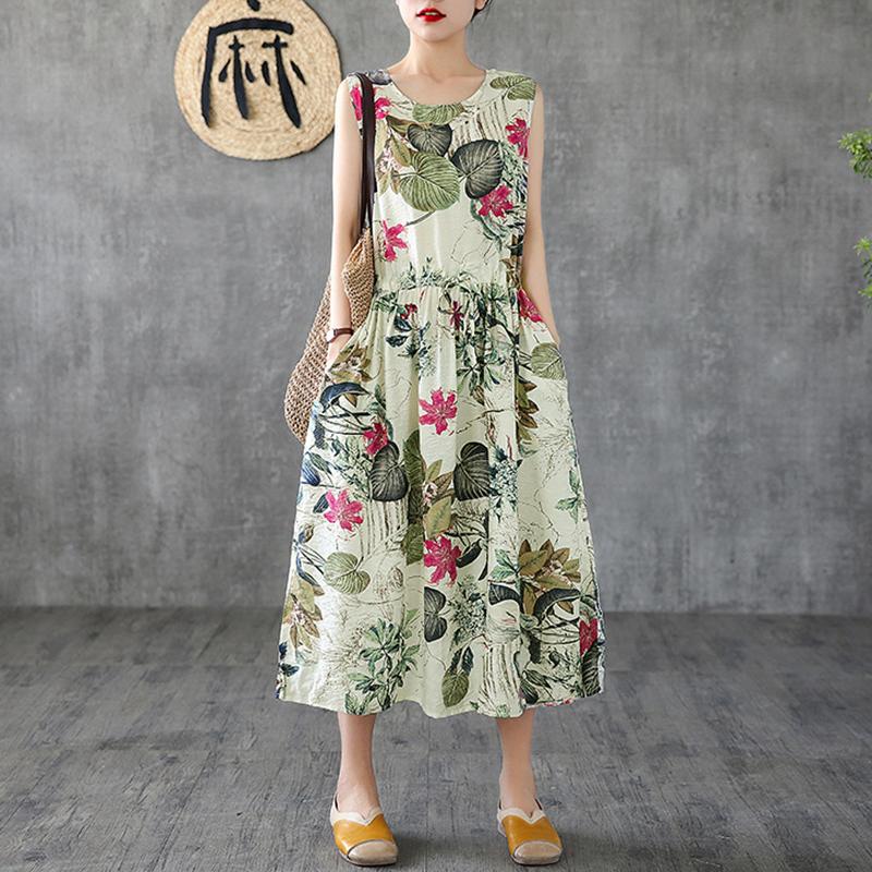 Summer Casual Plant Printed Sleeveless Dress