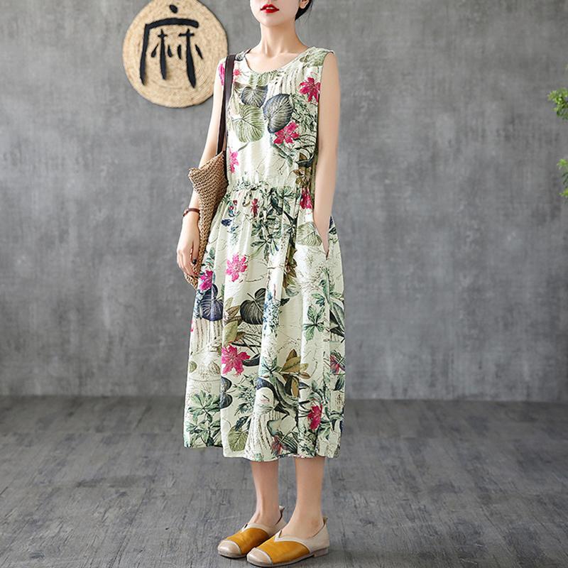 Summer Casual Plant Printed Sleeveless Dress