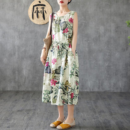 Summer Casual Plant Printed Sleeveless Dress