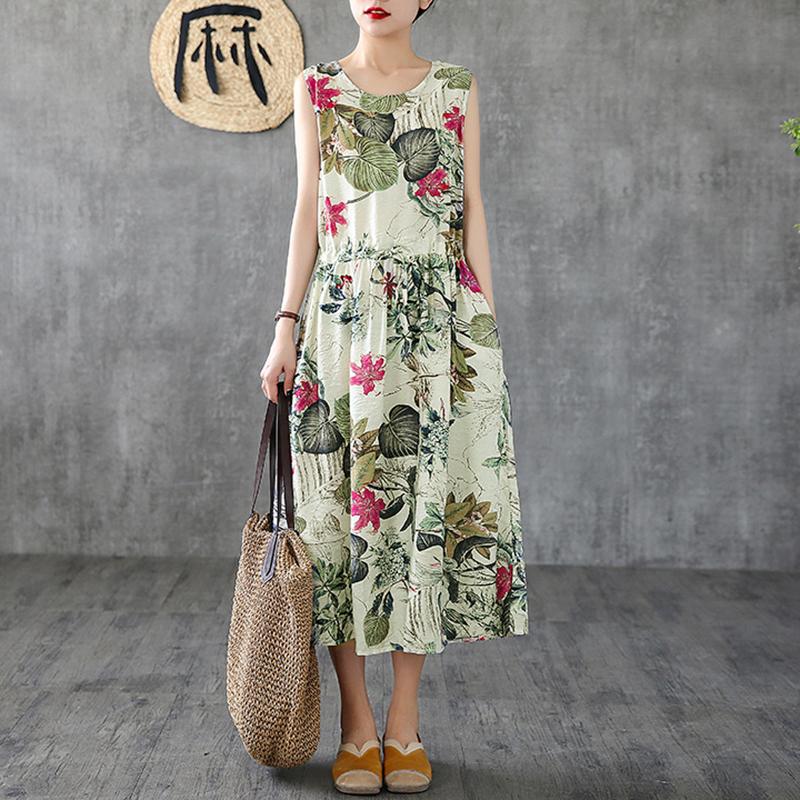 Summer Casual Plant Printed Sleeveless Dress