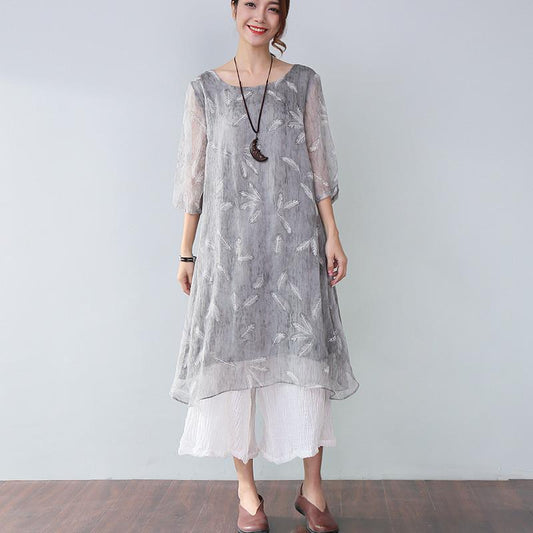 Summer Casual Plus Size Feather-Print Elegant Women's Dress