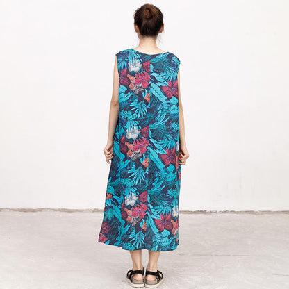 Summer Coloured Printed Round Neck Sleeveless Dress For Women