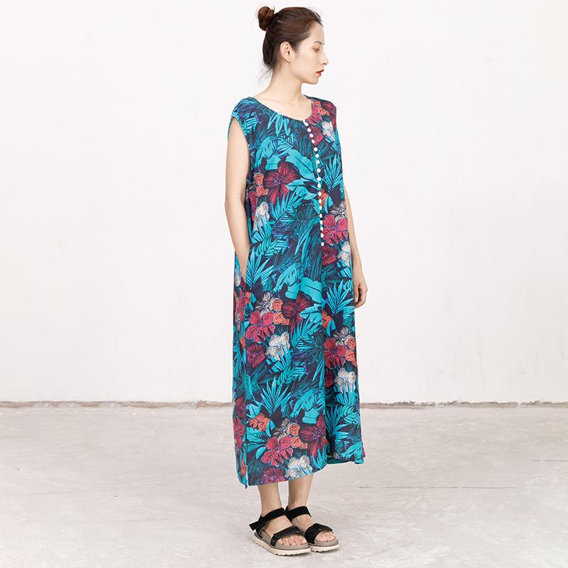 Summer Coloured Printed Round Neck Sleeveless Dress For Women