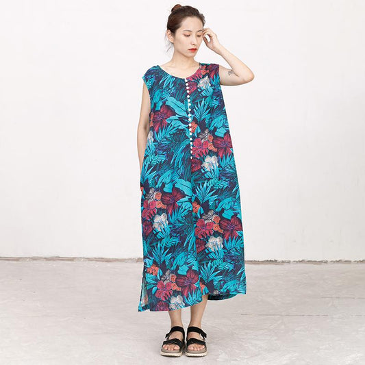 Summer Coloured Printed Round Neck Sleeveless Dress For Women