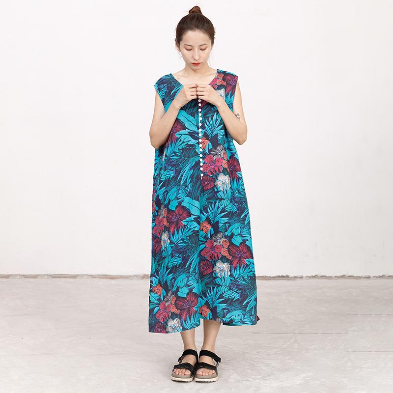 Summer Coloured Printed Round Neck Sleeveless Dress For Women