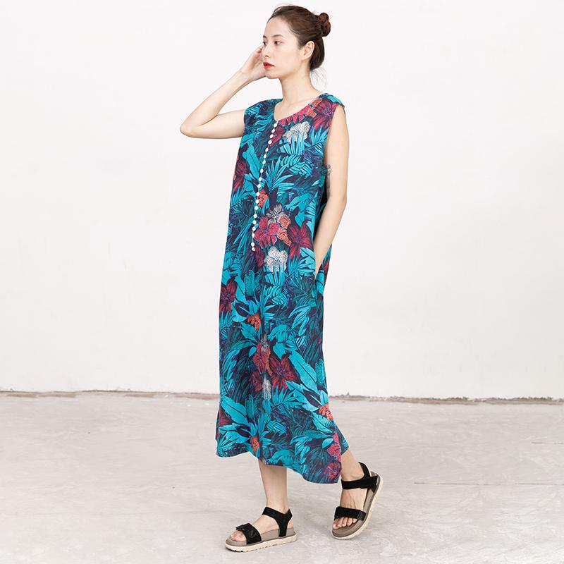Summer Coloured Printed Round Neck Sleeveless Dress For Women