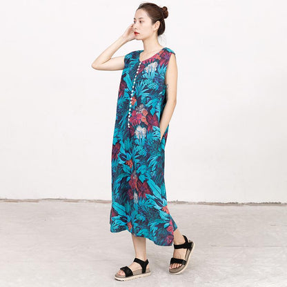 Summer Coloured Printed Round Neck Sleeveless Dress For Women
