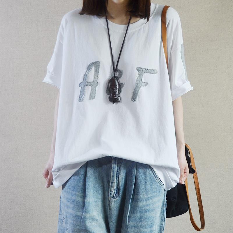 Summer Cotton Letter Spliced Short Sleeve T-shirt