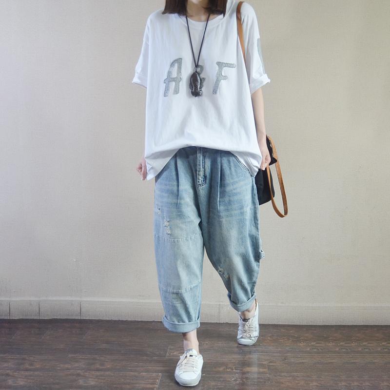 Summer Cotton Letter Spliced Short Sleeve T-shirt