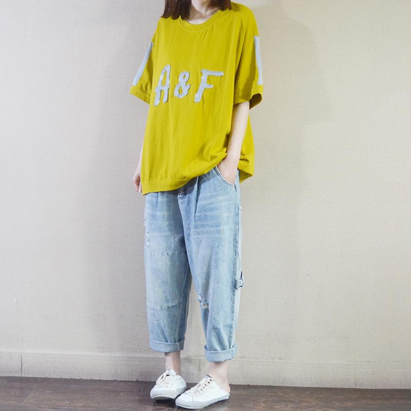 Summer Cotton Letter Spliced Short Sleeve T-shirt