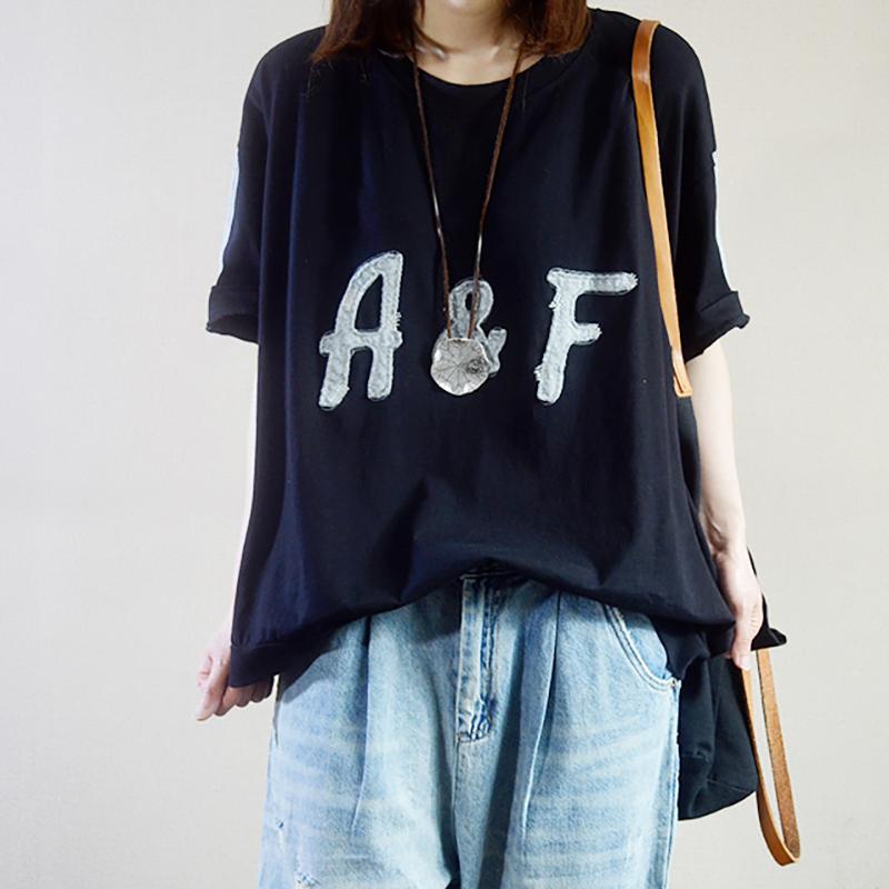 Summer Cotton Letter Spliced Short Sleeve T-shirt