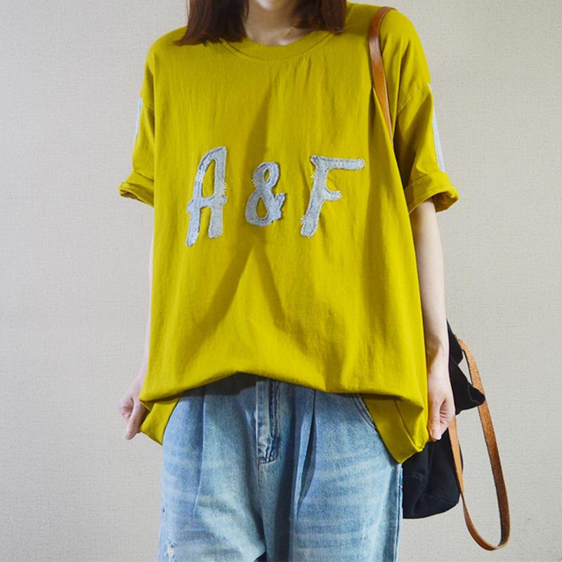 Summer Cotton Letter Spliced Short Sleeve T-shirt