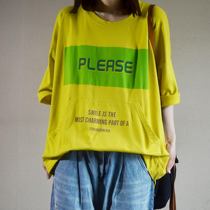 Summer Cotton New Literary Print Half Shirt