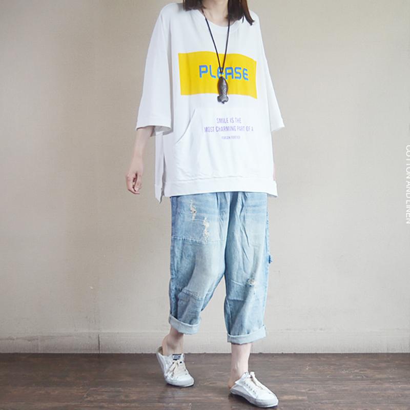 Summer Cotton New Literary Print Half Shirt