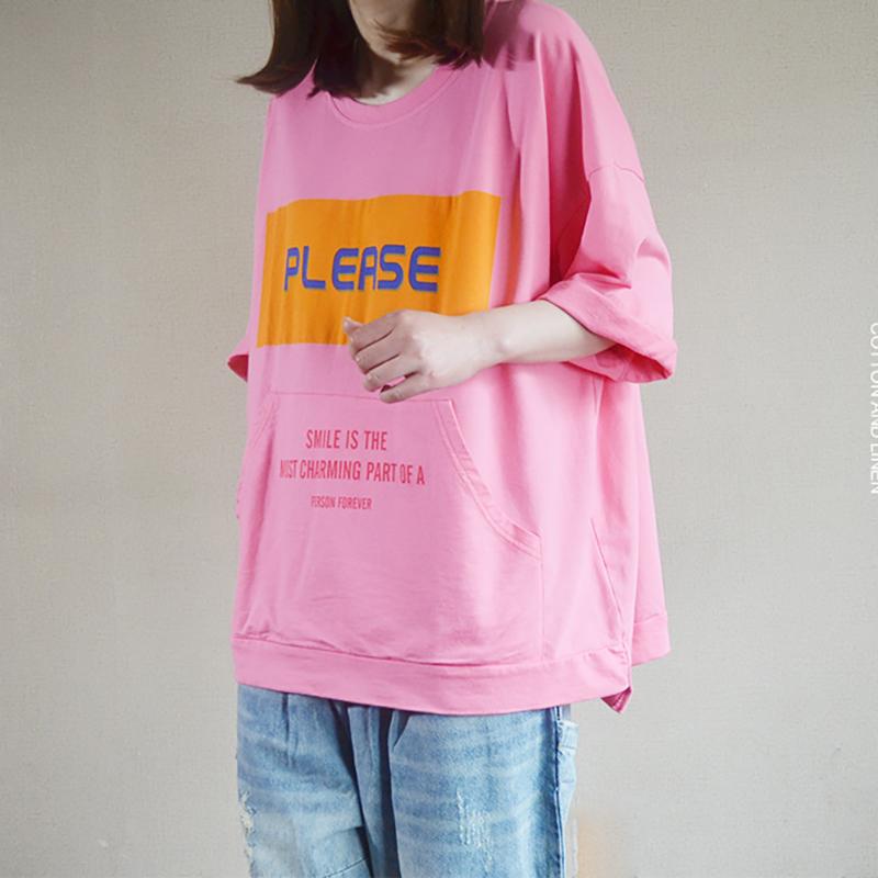 Summer Cotton New Literary Print Half Shirt