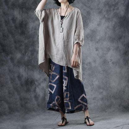 Summer Cotton Soild Asymmetric Three Quarter Sleeve Shirt